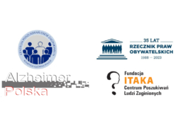 Logo Alzeimer Polska, Rzezcnik Praw Obywatelskich, Fundacja ITAKA Centrum Poszukiwań Ludzi Zaginionych