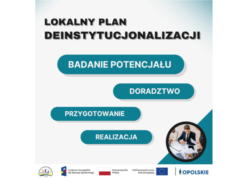 LOKALNY PLAN DEINSTYTUNACJONALIZACJI BADANIA POTENCJAŁU DORADZTWO PRZYGOTOWANIE REALIZACJA Logo: ROPS w Opolu, Fundusze Europejskie dla Rozwoju Społecznego, Flaga RP, Dofinansowanie przez Unię Europesjką, Opolskie