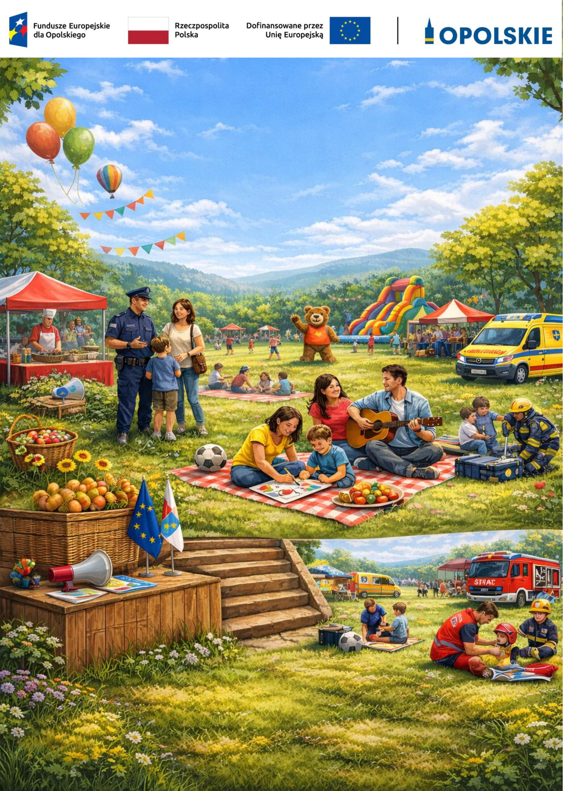 Obrazek przedstawiający piknik. U góry są logo: Fundusze Europejskie dla Opolskiego. flaga RP, Dofinansowane przez Unię Europejską, OPOLSKIE