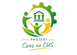 „Logo projektu „Czas na CUS”. W centralnej części znajduje się stylizowany budynek instytucji publicznej otoczony trzema postaciami symbolizującymi współpracę i wsparcie społeczne. Elementy logo tworzą okrąg wpisany częściowo w zielone koło zębate, u dołu widoczne są liście. Kolorystyka zielono-żółta. Pod grafiką napis: „PROJEKT Czas na CUS”.”