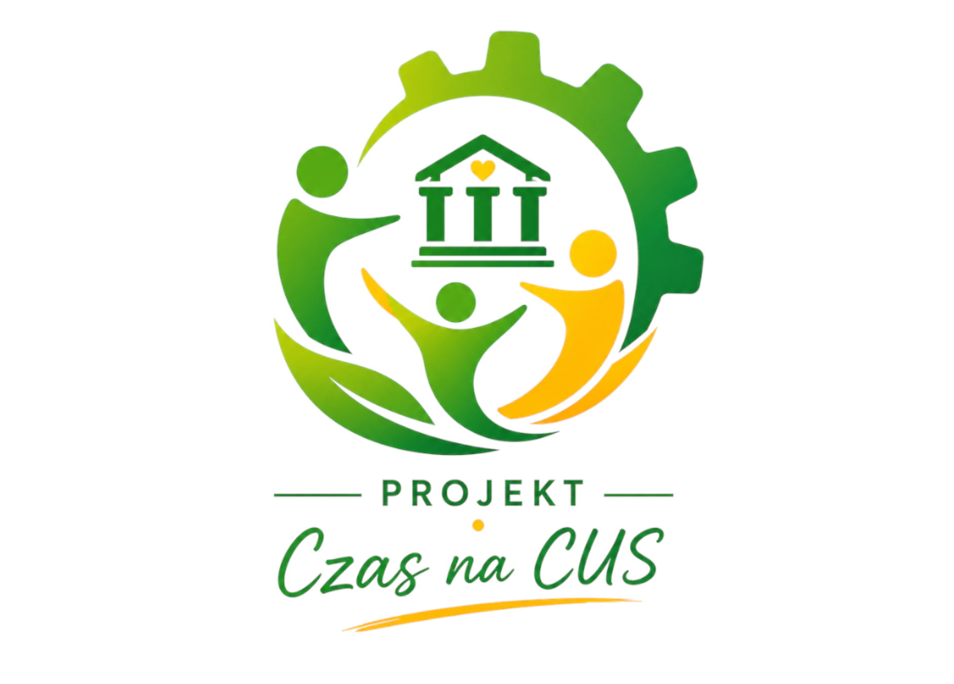 „Logo projektu „Czas na CUS”. W centralnej części znajduje się stylizowany budynek instytucji publicznej otoczony trzema postaciami symbolizującymi współpracę i wsparcie społeczne. Elementy logo tworzą okrąg wpisany częściowo w zielone koło zębate, u dołu widoczne są liście. Kolorystyka zielono-żółta. Pod grafiką napis: „PROJEKT Czas na CUS”.”